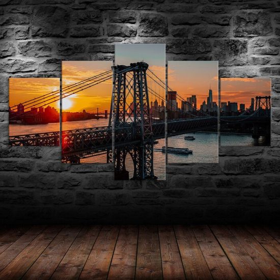 Williamsburg Bridge Brooklyn New York Sunset View 5 Piece Five Panel Wall Canvas Print Modern Art Poster Wall Art Decor 1
