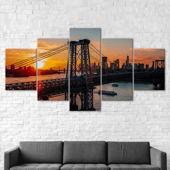 Williamsburg Bridge Brooklyn New York Sunset View 5 Piece Five Panel Wall Canvas Print Modern Art Poster Wall Art Decor 2