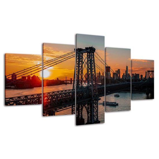 Williamsburg Bridge Brooklyn New York Sunset View 5 Piece Five Panel Wall Canvas Print Modern Art Poster Wall Art Decor 4
