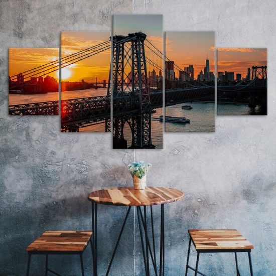 Williamsburg Bridge Brooklyn New York Sunset View 5 Piece Five Panel Wall Canvas Print Modern Art Poster Wall Art Decor
