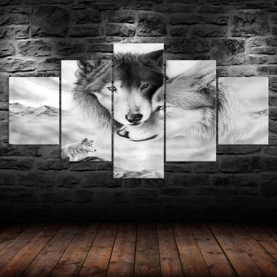 Wolf Couple Lovely Wild Animal Scene 5 Piece Five Panel Wall Canvas Print Modern Poster Pictures Home Decor 1