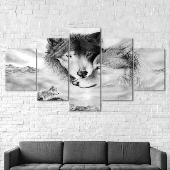 Wolf Couple Lovely Wild Animal Scene 5 Piece Five Panel Wall Canvas Print Modern Poster Pictures Home Decor 2