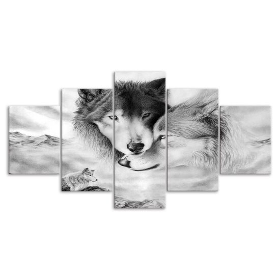 Wolf Couple Lovely Wild Animal Scene 5 Piece Five Panel Wall Canvas Print Modern Poster Pictures Home Decor 3