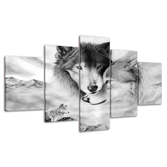 Wolf Couple Lovely Wild Animal Scene 5 Piece Five Panel Wall Canvas Print Modern Poster Pictures Home Decor 4