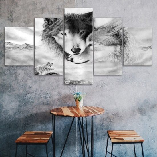 Wolf Couple Lovely Wild Animal Scene 5 Piece Five Panel Wall Canvas Print Modern Poster Pictures Home Decor