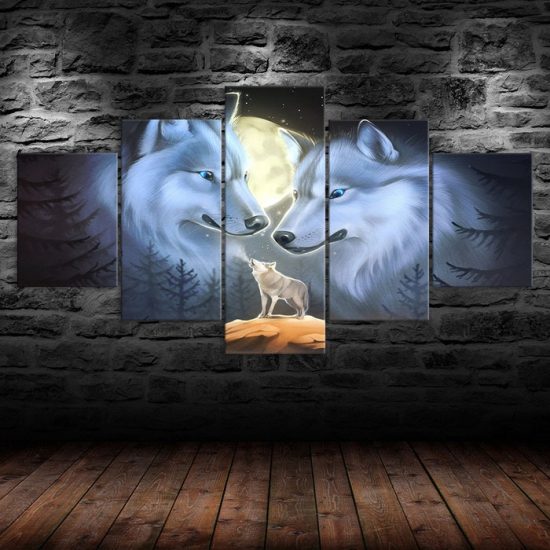 Wolf Family Full Moon Night 5 Piece Five Panel Wall Canvas Print Modern Poster Pictures Home Decor 1