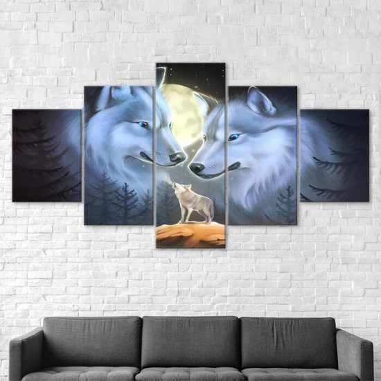 Wolf Family Full Moon Night 5 Piece Five Panel Wall Canvas Print Modern Poster Pictures Home Decor 2