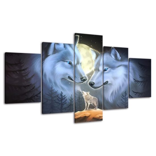 Wolf Family Full Moon Night 5 Piece Five Panel Wall Canvas Print Modern Poster Pictures Home Decor 4