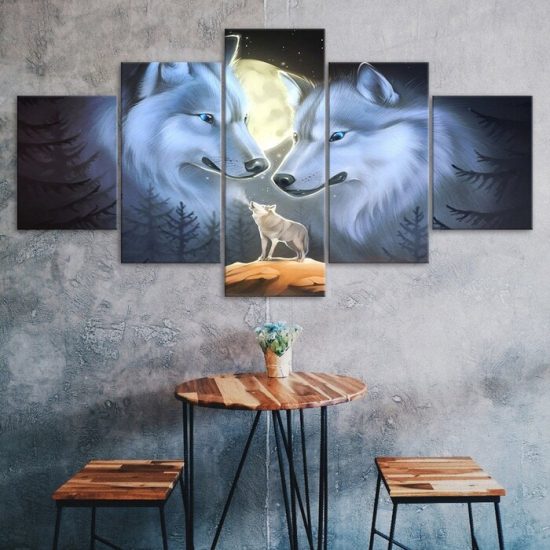 Wolf Family Full Moon Night 5 Piece Five Panel Wall Canvas Print Modern Poster Pictures Home Decor