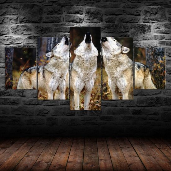 Wolf Pack Howling 5 Piece Five Panel Wall Canvas Print Modern Poster Pictures Home Decor 1