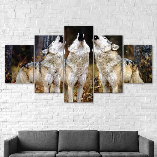 Wolf Pack Howling 5 Piece Five Panel Wall Canvas Print Modern Poster Pictures Home Decor 2