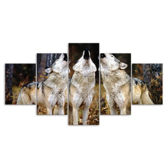 Wolf Pack Howling 5 Piece Five Panel Wall Canvas Print Modern Poster Pictures Home Decor 3