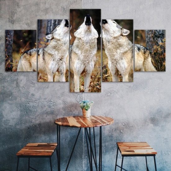 Wolf Pack Howling 5 Piece Five Panel Wall Canvas Print Modern Poster Pictures Home Decor