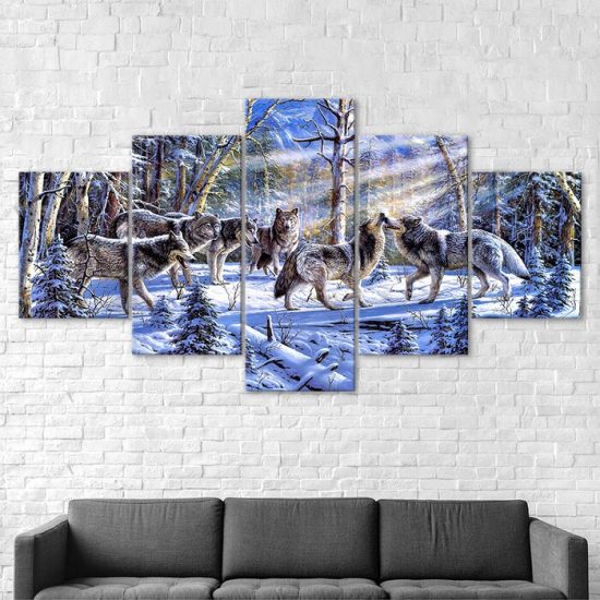 Wolf Pack Winter Forest Scenery Painting 5 Piece Five Panel Wall Canvas Print Modern Poster Pictures Home Decor 2