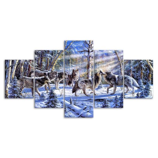 Wolf Pack Winter Forest Scenery Painting 5 Piece Five Panel Wall Canvas Print Modern Poster Pictures Home Decor 3