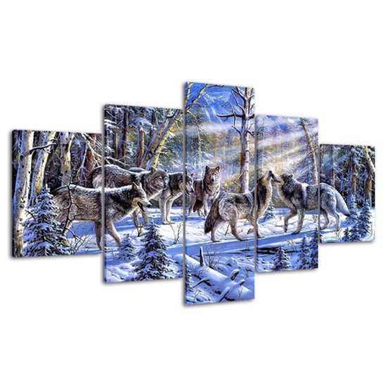 Wolf Pack Winter Forest Scenery Painting 5 Piece Five Panel Wall Canvas Print Modern Poster Pictures Home Decor 4