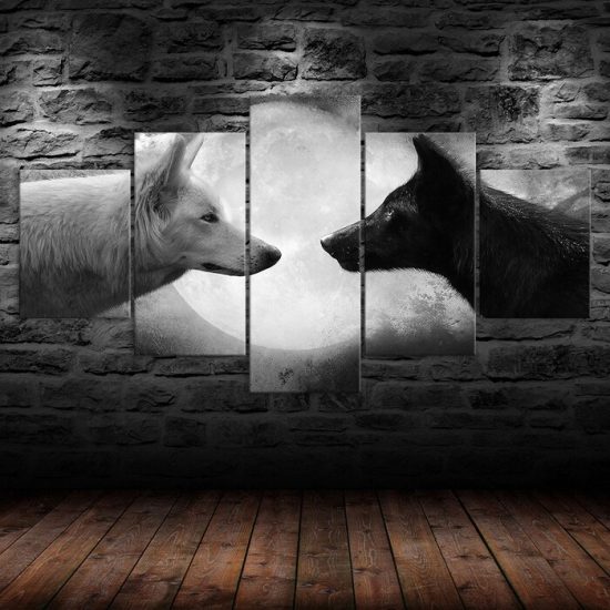 Wolf Poster Full Moon Black and White Wolves Scenery 5 Piece Five Panel Wall Canvas Print Modern Pictures Home Decor 1