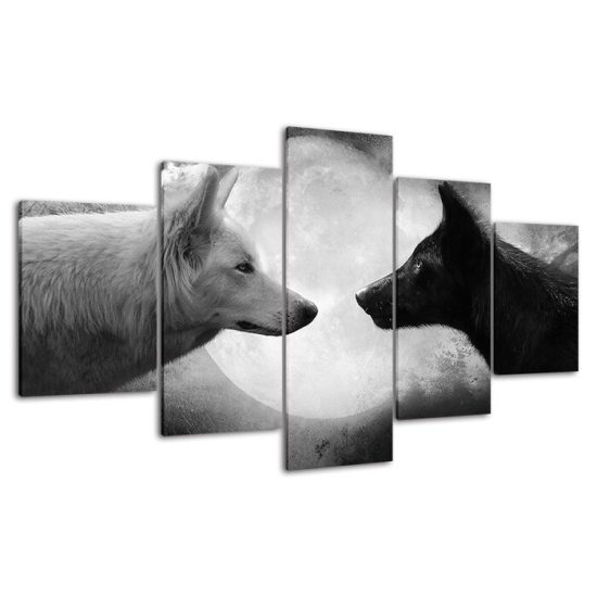 Wolf Poster Full Moon Black and White Wolves Scenery 5 Piece Five Panel Wall Canvas Print Modern Pictures Home Decor 4