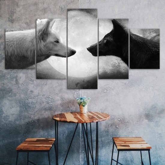 Wolf Poster Full Moon Black and White Wolves Scenery 5 Piece Five Panel Wall Canvas Print Modern Pictures Home Decor