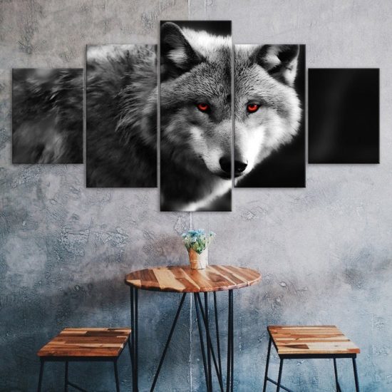 Wolf Spirit Animal Red Eyes 5 Piece Five Panel Wall Canvas Print Modern Poster Pictures Home Decor