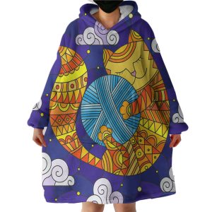 Yellow Aztec Cat Holding Lump Of Wool Hoodie Wearable Blanket WB0998