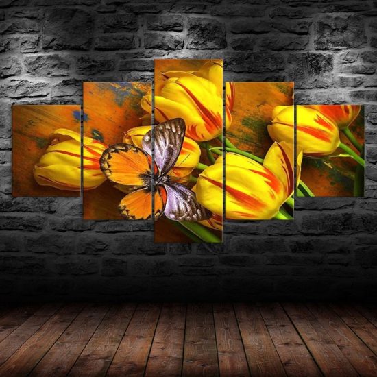 Yellow Tulips Flower and Butterfly Scenery 5 Piece Five Panel Canvas Print Modern Poster Wall Art Decor 1