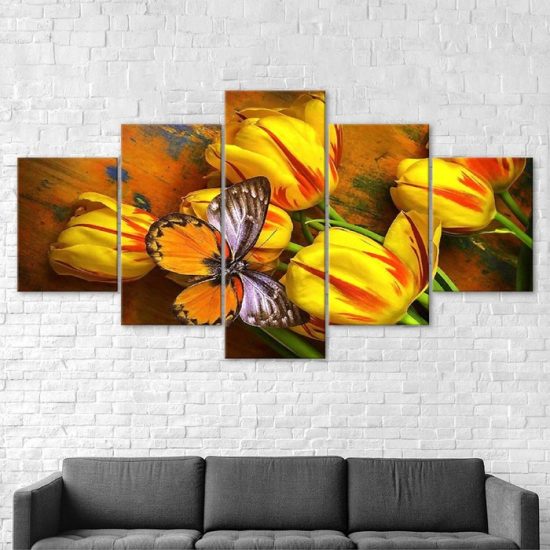 Yellow Tulips Flower and Butterfly Scenery 5 Piece Five Panel Canvas Print Modern Poster Wall Art Decor 2