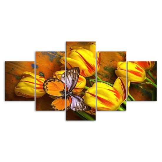 Yellow Tulips Flower and Butterfly Scenery 5 Piece Five Panel Canvas Print Modern Poster Wall Art Decor 3