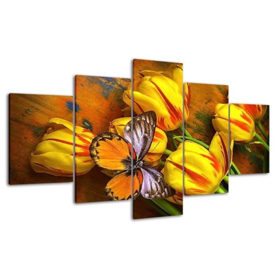 Yellow Tulips Flower and Butterfly Scenery 5 Piece Five Panel Canvas Print Modern Poster Wall Art Decor 4