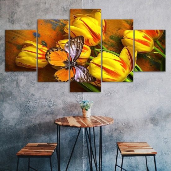 Yellow Tulips Flower and Butterfly Scenery 5 Piece Five Panel Canvas Print Modern Poster Wall Art Decor