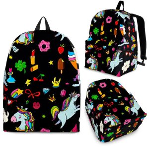 Black Girly Unicorn Pattern Print Back To School Backpack BP526