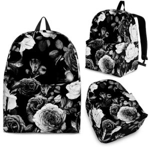 Black White Rose Floral Pattern Print Back To School Backpack BP135