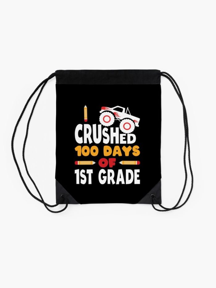 Crushed 100 Days Of 1St Grade 100 Days Of School First Grade Kids Boys Monster Truck Drawstring Bag DSB1432 2