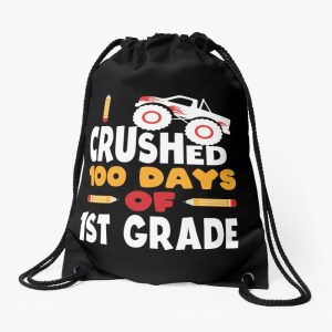 Crushed 100 Days Of 1St Grade 100 Days Of School First Grade Kids Boys Monster Truck Drawstring Bag DSB1432