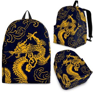 Gold Japanese Dragon Pattern Print Back To School Backpack BP222