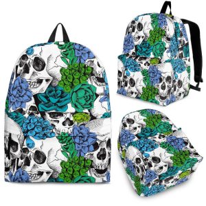 Green Blue Flowers Skull Pattern Print Back To School Backpack BP217