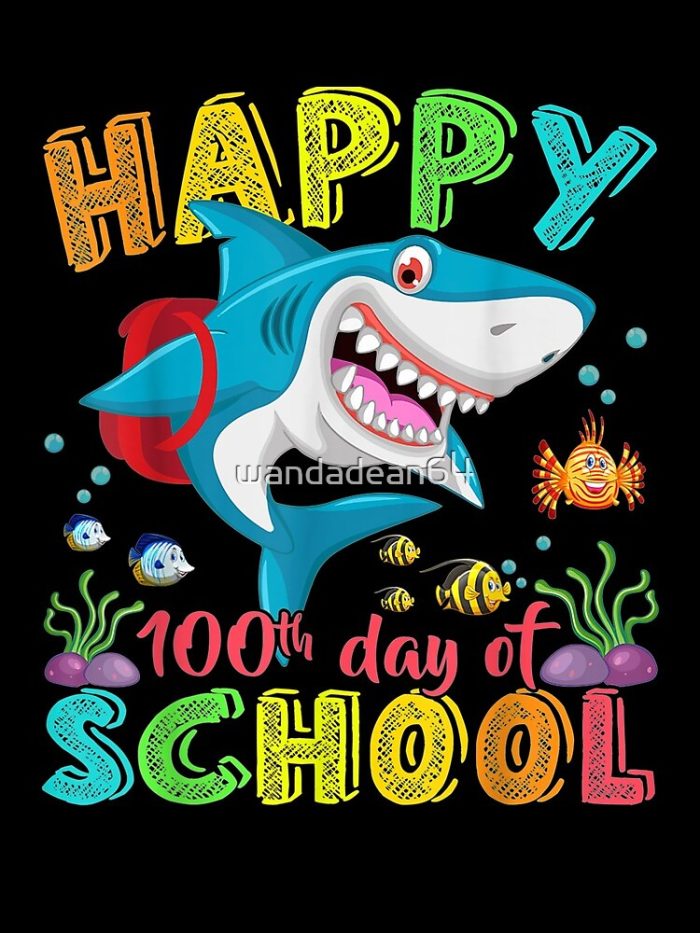 Happy 100Th Day Of School Shark Gift Funny Teacher Boys Kids Drawstring Bag DSB1458 1