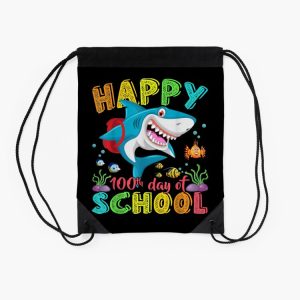 Happy 100Th Day Of School Shark Gift Funny Teacher Boys Kids Drawstring Bag DSB1458 2