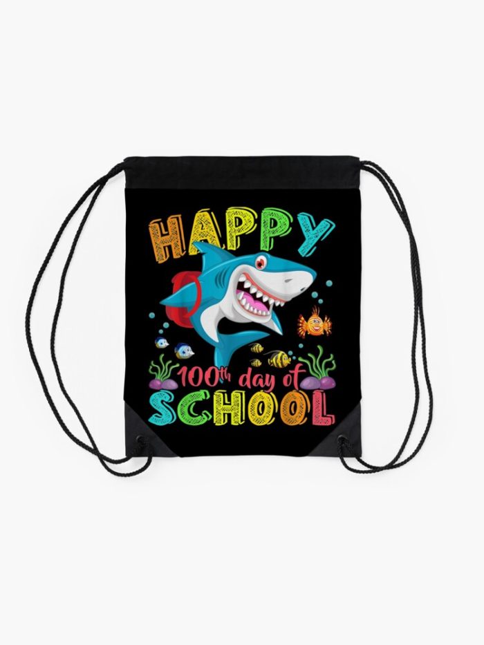 Happy 100Th Day Of School Shark Gift Funny Teacher Boys Kids Drawstring Bag DSB1458 2