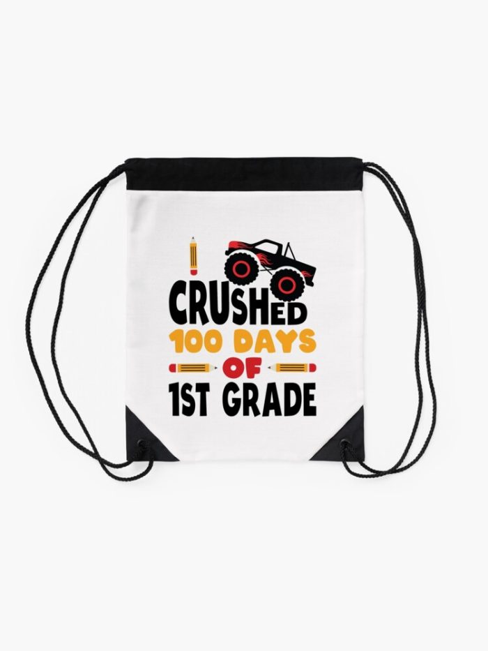 I Crushed 100 Days Of First Grade 100 Days Of School 1St Grade Kids Boys Monster Truck Drawstring Bag DSB1431 2