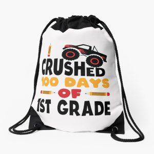 I Crushed 100 Days Of First Grade 100 Days Of School 1St Grade Kids Boys Monster Truck Drawstring Bag DSB1431