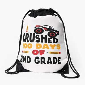 I Crushed 100 Days Of Second Grade 100 Days Of School 2Nd Grade Kids Boys Monster Truck Drawstring Bag DSB1347