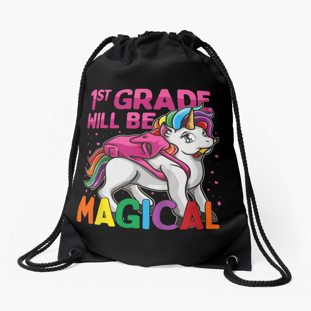 Kids First Grade Will Be Magical Unicorn 1St Grade Pink Stars Drawstring Bag DSB743