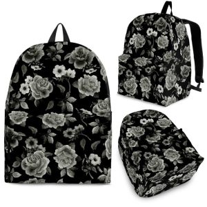 Monochrome Rose Floral Pattern Print Back To School Backpack BP698