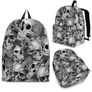 Monochrome Skull Flowers Pattern Print Back To School Backpack BP126