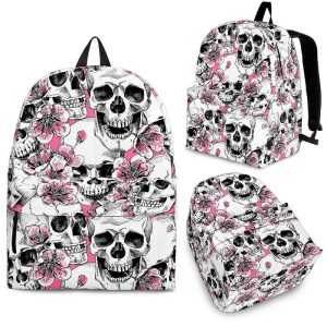 Pink Flowers Skull Pattern Print Back To School Backpack BP647
