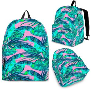 Pink Teal Tropical Leaf Pattern Print Back To School Backpack BP633