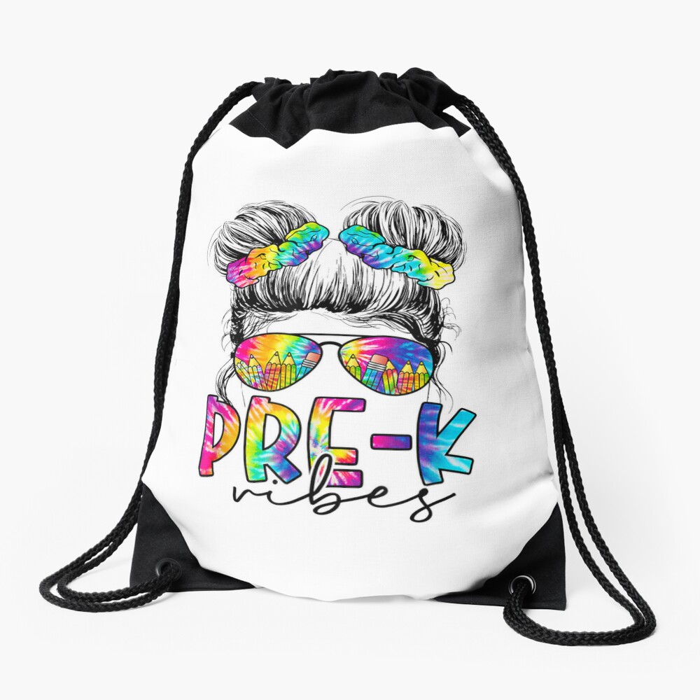 Pre K Vibes Messy Bun Girl Back To School First Day Tie Dye Drawstring Bag DSB1131