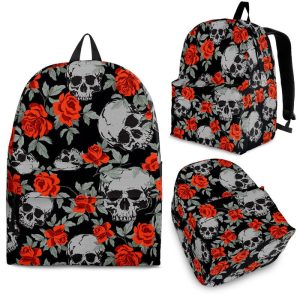 Red Rose Grey Skull Pattern Print Back To School Backpack BP582