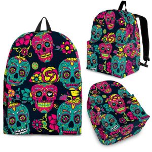 Teal Pink Sugar Skull Pattern Print Back To School Backpack BP076